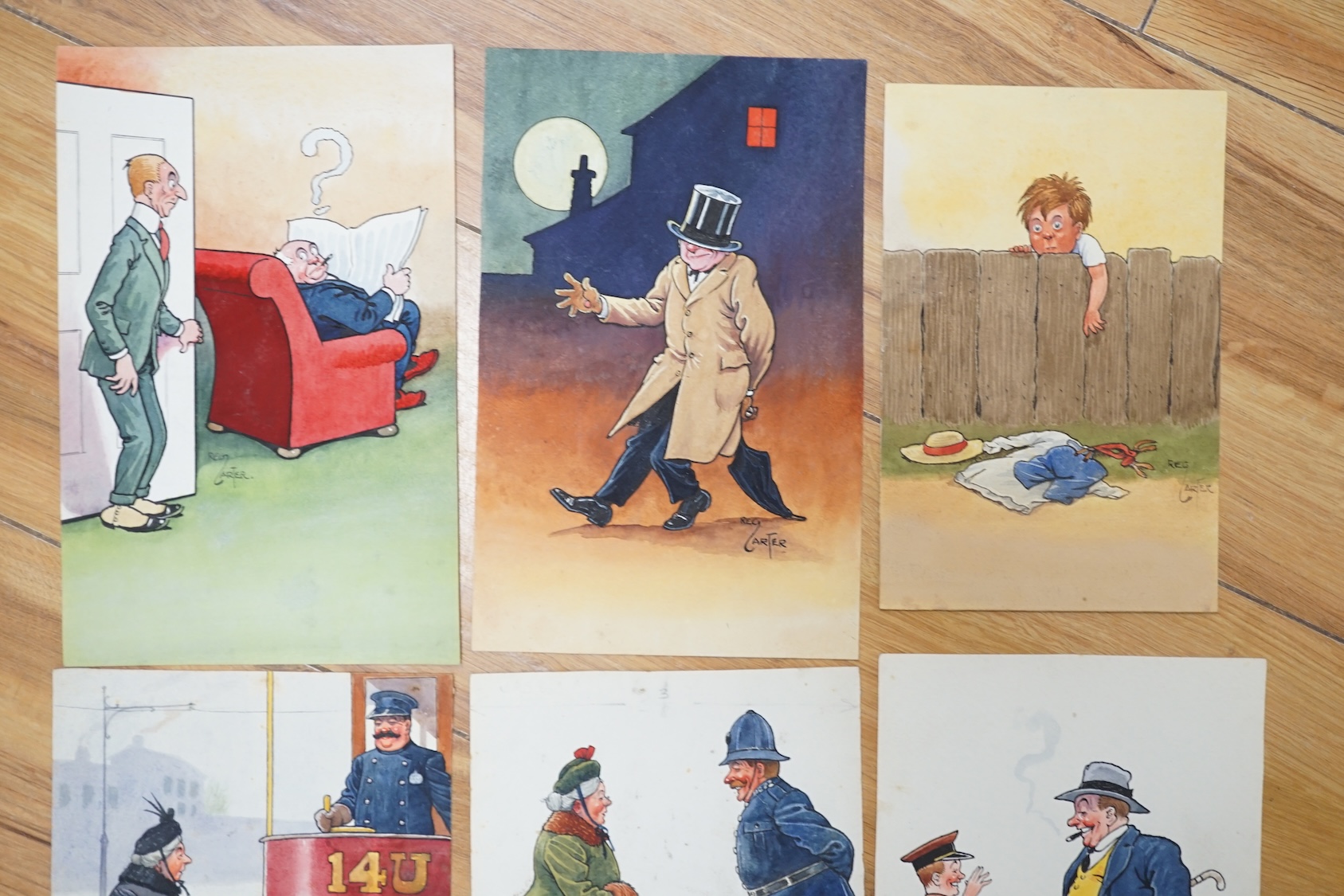 Reg Carter (1886-1949), set of six original watercolours for postcard designs, Humorous figures and scenes, each signed, 21.5 x 13cm, unframed. Condition - fair